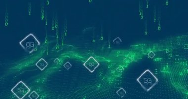 5g ve 6g metin animasyonu, ikili kodlama üzerine dijital veri işleme. Küresel bağlantılar, hesaplama ve veri işleme kavramı, dijital olarak oluşturulmuş video.