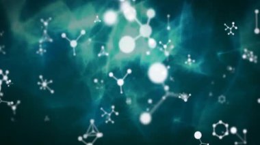 Hareket eden şekillerin üzerinde yüzen moleküllerin animasyonu. Teknoloji ve dijital arayüz kavramı, dijital olarak oluşturulmuş video.