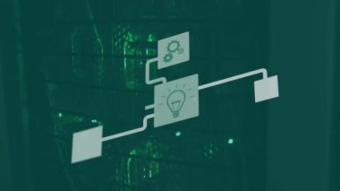 Sunucu odasında ortam simgelerinin canlandırılması. Teknoloji, iş ve dijital arayüz kavramı, dijital olarak üretilen video.