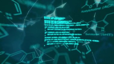 Veri işleme üzerine küresel ve kimyasal formüllerin animasyonu. Teknoloji ve dijital arayüz kavramı, dijital olarak oluşturulmuş video.