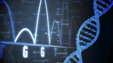 DNA ipliği üzerinde veri işleme animasyonu. Teknoloji ve dijital arayüz kavramı, dijital olarak oluşturulmuş video.