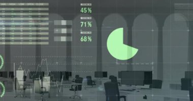 Boş ofis üzerinde veri işleme ve diyagramlarının animasyonu. Teknoloji, iş ve dijital arayüz kavramı, dijital olarak üretilen video.