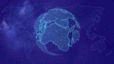 Kara bulutların üzerindeki dünya haritası ve dünyanın animasyonu. Teknoloji, sosyal medya ve dijital arayüz kavramı, dijital olarak oluşturulmuş video.