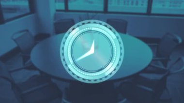Boş ofisin üzerinde hareket eden saatin animasyonu. Teknoloji, iş ve dijital arayüz kavramı, dijital olarak üretilen video.