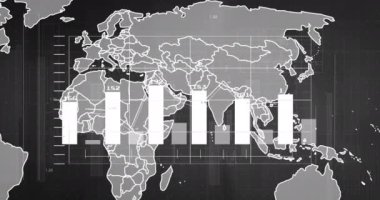 Dünya haritası üzerinde veri işleme animasyonu. Teknoloji, iş ve dijital arayüz kavramı, dijital olarak üretilen video.