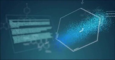 Veri işleme ve DNA ipliği üzerindeki kimyasal formülün animasyonu. Teknoloji, bilim ve dijital arayüz kavramı, dijital olarak üretilen video.