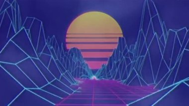 Dijital güneşin ve kara bulutların üzerindeki dağların animasyonu. Teknoloji, sosyal medya ve dijital arayüz kavramı, dijital olarak oluşturulmuş video.