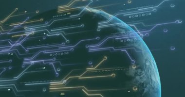 Dünya üzerindeki bağlantı ağının animasyonu. Teknoloji ve dijital arayüz kavramı, dijital olarak oluşturulmuş video.