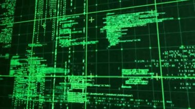 Siyah arkaplan üzerinde veri işleme animasyonu. Teknoloji ve dijital arayüz kavramı, dijital olarak oluşturulmuş video.