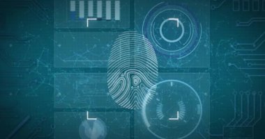 Veri işleme ve diyagramlar üzerinde parmak izi animasyonu. Teknoloji ve dijital arayüz kavramı, dijital olarak oluşturulmuş video.