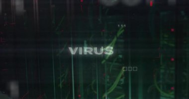 Veri işleme ve sunucu odası üzerinden virüs metninin animasyonu. Teknoloji ve dijital arayüz kavramı, dijital olarak oluşturulmuş video.