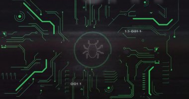 Hata simgesi üzerinde veri işleme animasyonu. Teknoloji ve dijital arayüz kavramı, dijital olarak oluşturulmuş video.