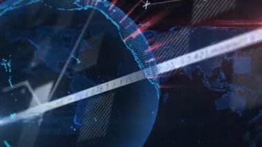 Veri işleme üzerinde dünya haritası ve küresinin animasyonu. Teknoloji, iş ve dijital arayüz kavramı, dijital olarak üretilen video.