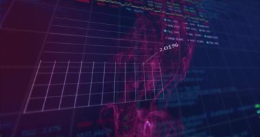 Mavi zemin üzerinde veri işleme ve diyagramlar animasyonu. Teknoloji, iş ve dijital arayüz kavramı, dijital olarak üretilen video.