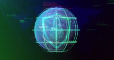 Veri işleme ve dünya haritası üzerindeki asma kilit animasyonları. Teknoloji, iş ve dijital arayüz kavramı, dijital olarak üretilen video.