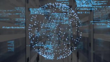 Sunucu odasında dünya ile veri işleme animasyonu. Küresel teknoloji, bilgisayar ve dijital arayüz kavramı, dijital olarak oluşturulmuş video.