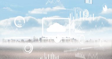 Bulutlu, parlak şehir manzarası üzerinde veri işleme simgeleri ve grafiklerinin resmi. Veri, dijital arayüz, bağlantı, işlem, finans, iş ve iletişim, dijital olarak oluşturulmuş görüntü.