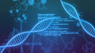 Mavi arka planda DNA iplikçikleri ve veri işleme animasyonları. Teknoloji, iş ve dijital arayüz kavramı, dijital olarak üretilen video.