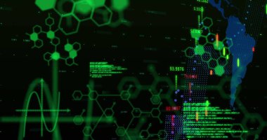 Siyah arka planda bilgisayar ve bilimsel veri işleme görüntüsü. Küresel tıp ve dijital arayüz kavramı dijital olarak oluşturulmuş görüntü.