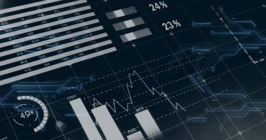 Siyah arkaplan üzerinden finansal veri işleme resmi. Küresel finans, iş, bağlantılar, hesaplama ve veri işleme kavramı dijital olarak oluşturuldu.