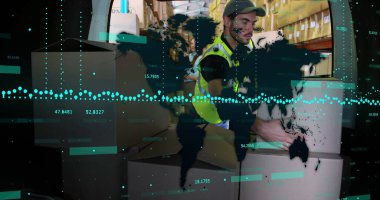 Mali veri işleme ve Kafkas kurye kutuları yüklerken dünya haritası. Küresel sevkiyat, iş, bağlantılar ve dijital olarak oluşturulan veri işleme kavramı.