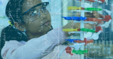 Image of mathematical equations over african american schoolgirl with models in classroom. school and education concept digitally generated image. clipart