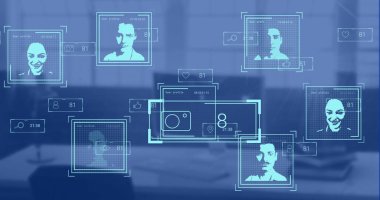 Ofisteki iş yerindeki biyometrik fotoğraflar ve veri işleme resimleri. Küresel finans, iş, bağlantılar, hesaplama ve veri işleme kavramı dijital olarak oluşturuldu.