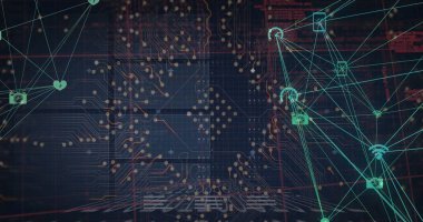 Arkaplandaki bilgi arayüzü üzerinden satırlara bağlı uygulama simgelerinin resmi. Dijital olarak oluşturulmuş, hologram, rapor, finans, ikili kod, kodlama, çemberler, devre kartı, teknoloji.