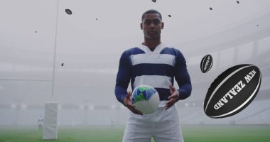 Stadyumun üzerinde yeni Zelanda metinleri olan rugby toplarıyla Afrika kökenli Amerikalı erkek rugby oyuncusu. global spor ve ragbi ligi dünya kupası konsepti dijital olarak üretilen görüntü.