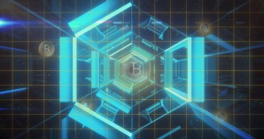 Dijital uzayda hareket eden neon ışıklar ve bitcoinler. Maliye, ekonomi, dijital para birimi konsepti dijital olarak oluşturulmuş görüntü.