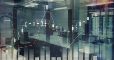 Arka plandaki boş ofis üzerinden çoklu grafik, daireler ve veriler yükleniyor. Dijital bileşik, çoklu pozlama, rapor, iş, soyut ve ilerleme kavramı.