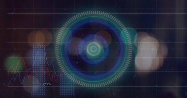 İşlem çemberi ve karanlık uzay üzerindeki bulanık trafik ışıkları görüntüsü. Veri işleme, dijital ekran, ağ güvenliği ve teknoloji konsepti dijital olarak oluşturulmuş görüntü.