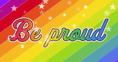Gökkuşağı renklerinde gökkuşağı çizgili arka plan üzerine düşen beyaz yıldızlı gururlu metin görüntüsü. Lgbtq gurur ve eşitlik kutlaması konsepti dijital olarak oluşturuldu.