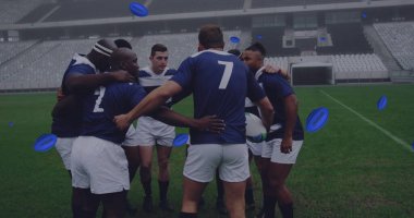 Stadyumdaki çeşitli erkek ragbi oyuncuları üzerinde uruguay yazılı ragbi topu resmi. küresel spor ve dijital arayüz kavramı dijital olarak oluşturulmuş görüntü.