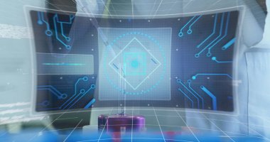 Laboratuvardaki Afrikalı Amerikalı bilim adamının görüntüsü ekranda. Küresel teknoloji, bilim ve dijital arayüz kavramı dijital olarak oluşturulmuş görüntü.