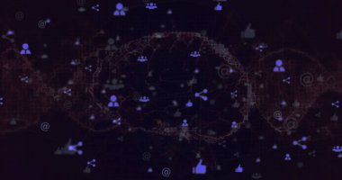 Dijital simgeler ve ağ sembolleri koyu dokulu haritayı örtüyor. Küresel bağlantıyı temsil eden bu görsel, dijital iletişimi vurguluyor