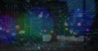 Bulanık gece trafiği üzerinde çember işleme ve dijital asma kilit görüntüsü. Veri işleme, dijital güvenlik ve teknoloji konsepti dijital olarak oluşturulmuş görüntü.