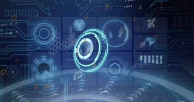 Donanma arkaplanındaki dijital ekranların çember işleme görüntüleri ve verileri. Küresel veri işleme, finans ve teknoloji konsepti dijital olarak oluşturuldu.