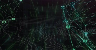 Siber güvenlik metni, kalkan, uygulama simgelerinin satırlarla bağlantılı olduğu daire içine alınmış anahtarı. Dijital olarak oluşturulmuş, hologram, koruma, güvenlik, tarama, şifreleme ve teknoloji konsepti.