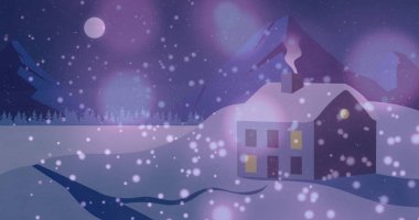 Kar, karlı bir arazide yuvalanmış rahat bir eve yavaşça düşüyor. Pencerelerden süzülen sıcak ışık, huzurlu bir kış manzarası yaratıyor.