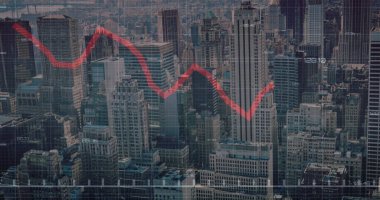 Kırmızı çizgi görüntüsü, şehir manzarası üzerinde finansal veri işleme. küresel iş, hesaplama, veri işleme ve dijital arayüz kavramı dijital olarak oluşturuldu.