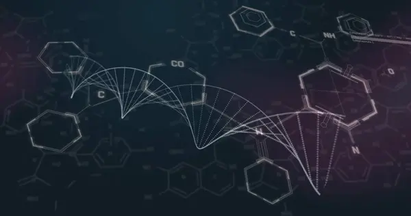 stock image Image of dna strand and data processing over chemical formula on black background. global science, technology and digital interface concept digitally generated image.