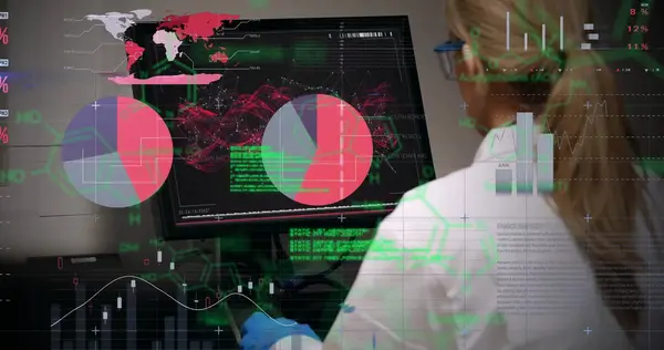 stock image Image of scientific data processing over caucasian female scientist in laboratory. Global research, medicine, science, computing and data processing concept digitally generated image.