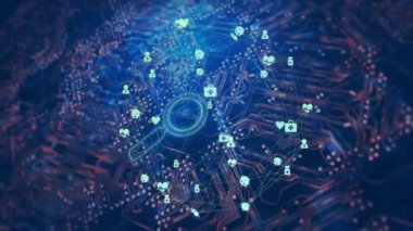 Büyüteç ve otomasyon metni üzerindeki simgelerle bağlantı ağının animasyonu. Küresel yapay zeka, bağlantılar, hesaplama ve veri işleme kavramı, dijital olarak oluşturulmuş video.