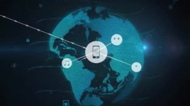 Dünya üzerindeki elektronik aygıt simgeleriyle bağlantı ağının animasyonu. Küresel bağlantılar, hesaplama ve veri işleme kavramı, dijital olarak oluşturulmuş video.
