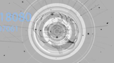 Beyaz arka planda dijital beyin üzerinde tarama yaparak veri işleme animasyonu. Küresel tıp, bilim, bilgisayar ve dijital arayüz kavramı, dijital olarak oluşturulmuş video.