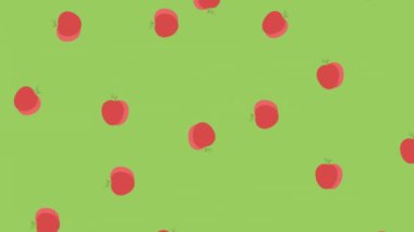 Yeşil arka planda hareket eden kırmızı elmaların animasyonu. Renk, desen, şekil ve hareket konsepti, dijital olarak oluşturulmuş video.