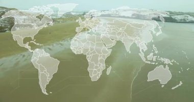 Manzara üzerindeki dünya haritasının animasyonu. Teknoloji, iş, doğa ve dijital arayüz kavramı, dijital olarak oluşturulmuş video.