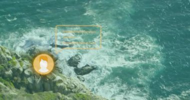 Manzara üzerinde medya simgelerinin canlandırılması. Teknoloji, iş, doğa ve dijital arayüz kavramı, dijital olarak oluşturulmuş video.