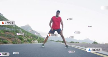 Medya simgelerinin, çift ırklı insan egzersizleri üzerine animasyonu. Teknoloji, spor ve dijital arayüz kavramı, dijital olarak üretilen video.